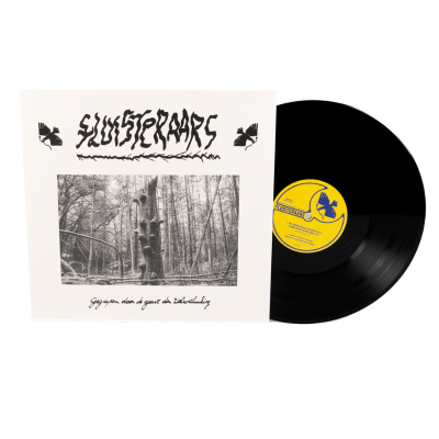 Disco de vinil preto com capa branca e imagem de floresta em preto e branco