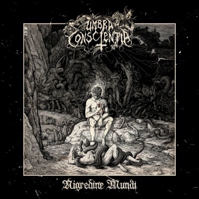 Capa de álbum com figura humana e cobras, texto 'UMBRA CONSCIENTIA' e 'Migradene Mundi'