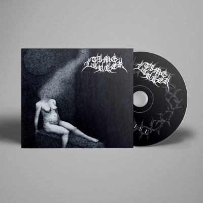 Caixa e CD de música com figura humana e texto branco sobre fundo preto