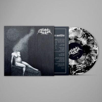 Disco de vinil marmoreado com capa artística obscura