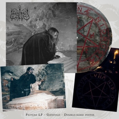 Imagem com fotos de pessoa em cripta, disco vinyl com pentagramas e texto sobre picture LP