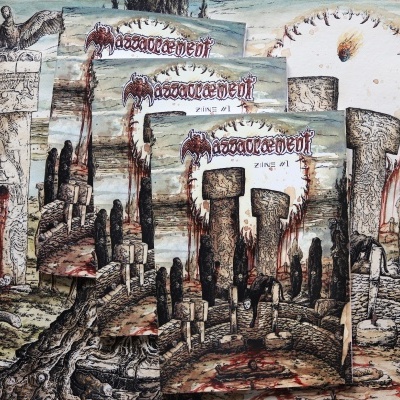 Capas do álbum 'Management' da banda 'Zinc 11' com arte de pilares de pedra e sangue