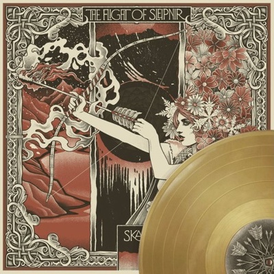 Disco de vinil dourado e capa ilustrada com mulher arqueira e flores