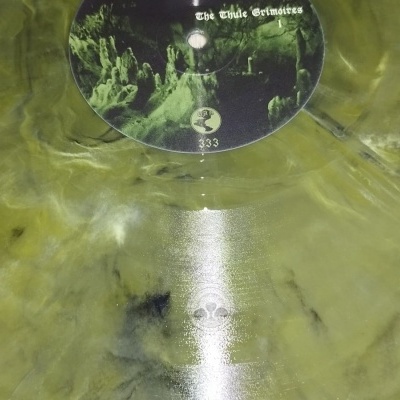 Disco de vinil verde translúcido com padrões marmoreados e etiqueta central