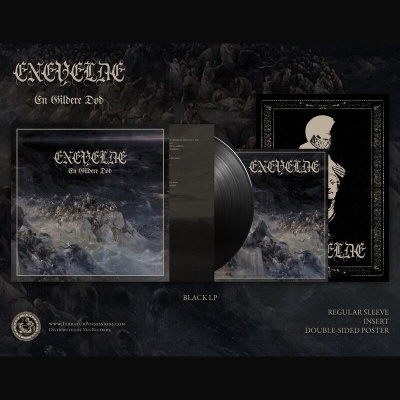 Conjunto disco vinil preto Exvelane En Gildere Dod com capa paisagem turbulenta e poster caveira