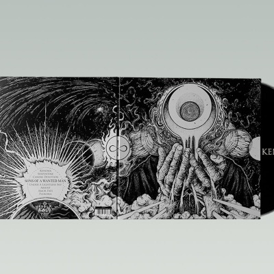 Vinil preto com capa artística preta e branca e texto de faixas visível