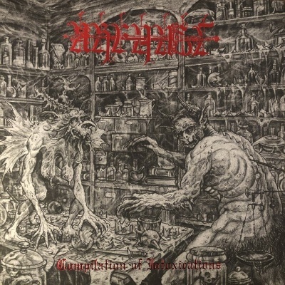 Ilustração de duas criaturas monstruosas num laboratório com frascos, texto vermelho 'Glamourization of Infection'