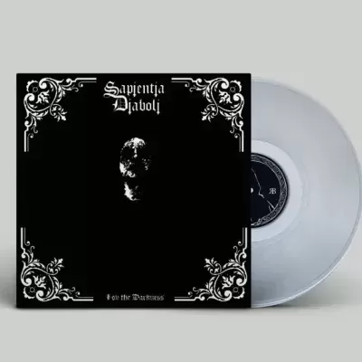 Disco de vinil branco com capa preta e ornamentos brancos