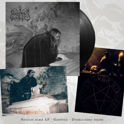 Álbum de vinil preto com capa dupla e poster em ambiente sombrio