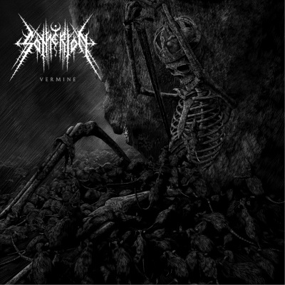 Capa de álbum com esqueleto e ratos em tons escuros.