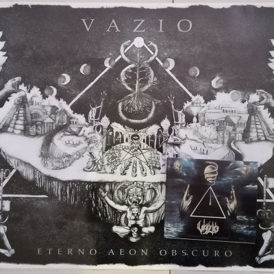 Ilustração monocromática fantasia com aranha gigante no centro, figuras mitológicas e texto VAZIO ETERNO AEON OBSCURO