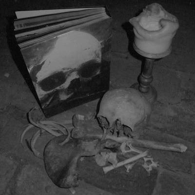 Crânio humano, ossos, vela derretida e livro com capa de crânio