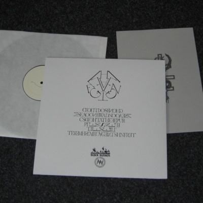 Capa de álbum branca com texto preto e disco de vinil branco em capa protetora transparente.