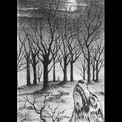 Desenho a preto e branco de floresta com árvores sem folhas e lobo uivando.