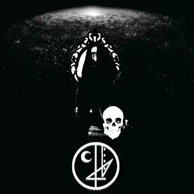 Imagem em preto e branco com figura de esqueleto, crânio, espelho decorativo e símbolo circular com letra C.