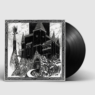 Disco de vinil com capa ilustrada a preto e branco de um castelo sombrio