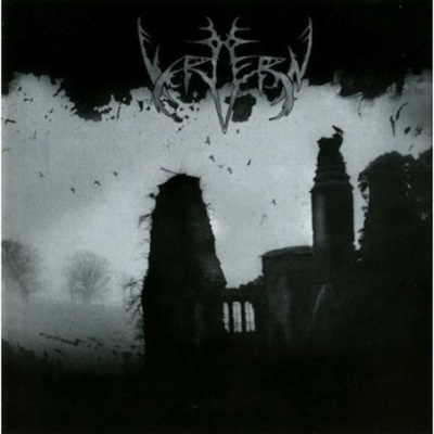 Silhueta de ruína com logotipo estilizado cinza e preto