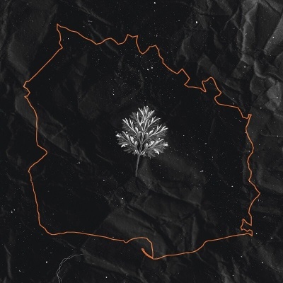 Fundo preto amassado com linha laranja e ilustração branca de folha