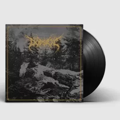 Capa de disco de vinil com arte de floresta e figura humana caída