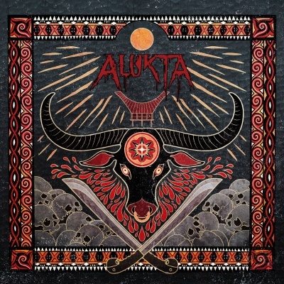 Ilustração de cabeça de touro com facas cruzadas e crânios, texto ALUKTA no topo