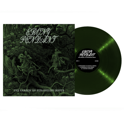 Disco de vinil verde com capa ilustrada com cavaleiros e floresta e textos Ebony Pendant e The Garden Of Strangling Roots