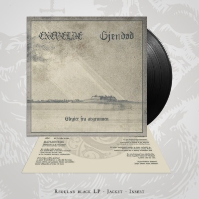 Disco de vinil preto com capa cinzenta de paisagem e texto gótico e inserto com letras