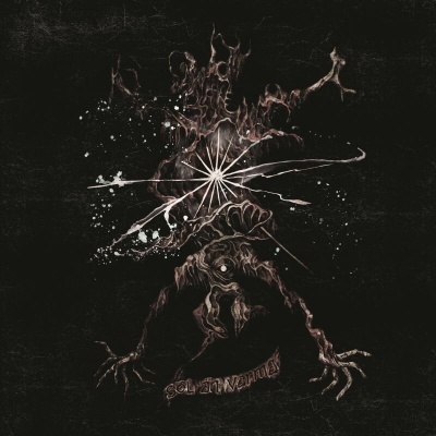 Desenho de criatura estilizada com olhos brilhantes e luz na cabeça em fundo preto