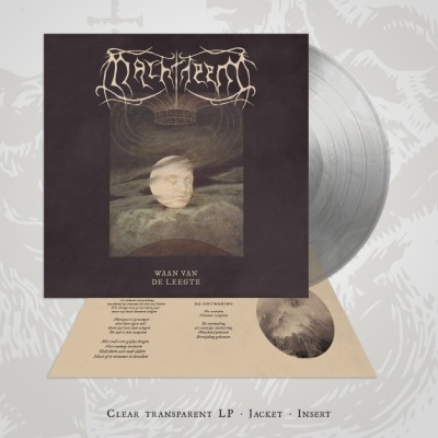 Vinil transparente com capa preta e arte surreal com cabeça flutuante e coroa