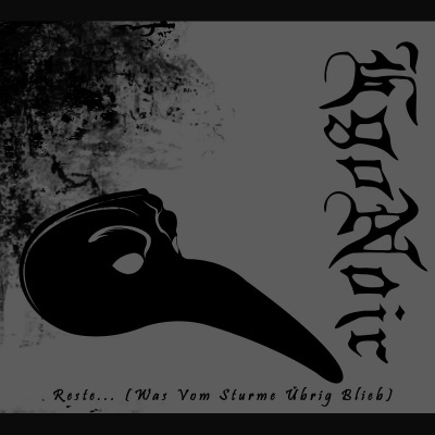 Máscara preta com bico e texto gótico Faondior em fundo cinzento com textura preta