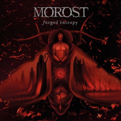 Capa de álbum MOROST forged entropy com figura humana central e elementos sombrios em vermelho e preto