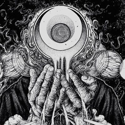 Ilustração monocromática de mãos segurando objeto circular com espiral e fundo com planetas e formas abstratas