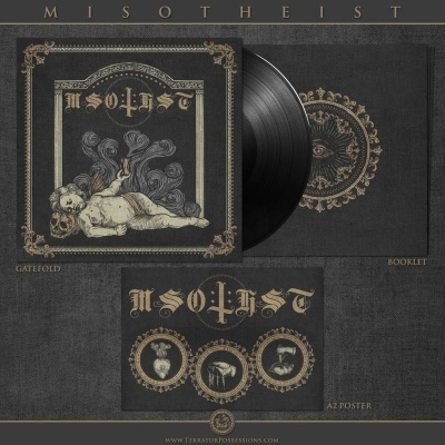 Vinil preto com capa ilustrada de esqueleto, poster A2 e cover gatefold decorados em dourado e cinza.