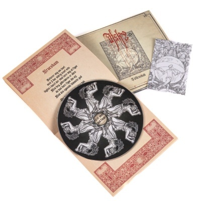 Disco de vinil preto com ilustração branca e capa vintage com texto