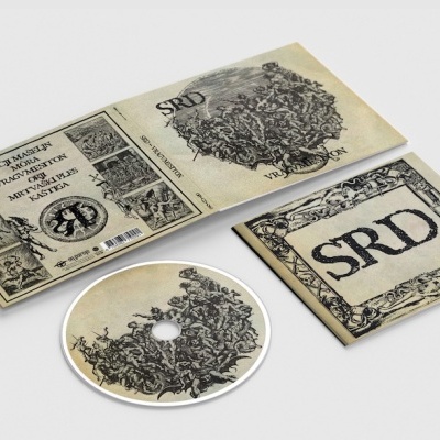 Conjunto de CD com embalagem ilustrada em papel cartão de cor creme e texto 'SRD' e 'Guitarras'