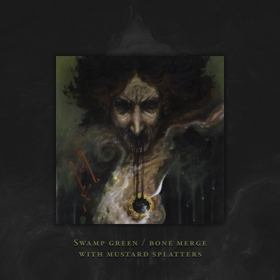 Pintura sombria de um rosto humano com cores verde lamacento e amarelo mostarda, texto descritivo em inglês.