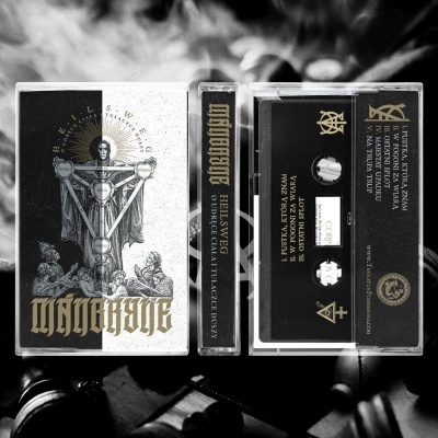 Fita cassete preta com texto dourado e branco e caixa ilustrada em preto, branco e dourado