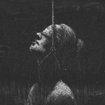 Figura feminina de perfil com venda nos olhos e corda no pescoço em fundo escuro