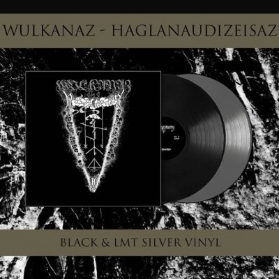 Dois discos de vinil, preto e prateado, com capa preta e arte geométrica branca.