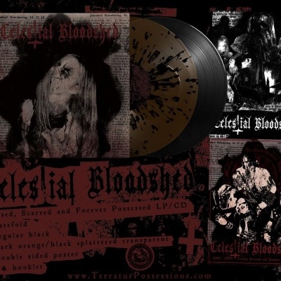 Discos de vinil e capas do álbum Celestial Bloodshed com texto e padrões escuros