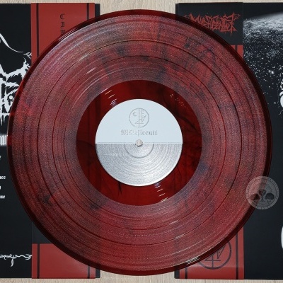 Vinil vermelho translúcido com capa preta e branca de álbum de metal com caveira