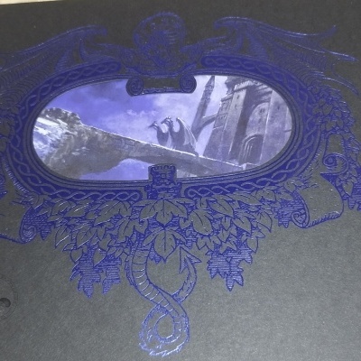 Capa de livro preta com arte azul em relevo e ilustração oval azul