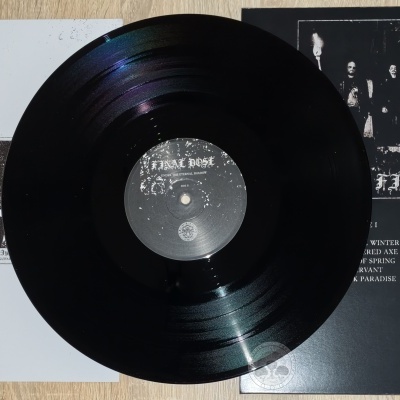 Disco de vinil preto sobre capas em preto e branco com imagens da banda e lista de faixas