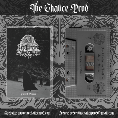 Capa e cassete de áudio do álbum 'Les Litanies Des Tenebres' em preto e branco com arte gótica