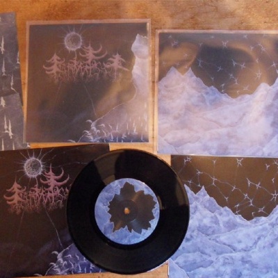 Conjunto de álbum de vinil com arte escura e folhetos informativos