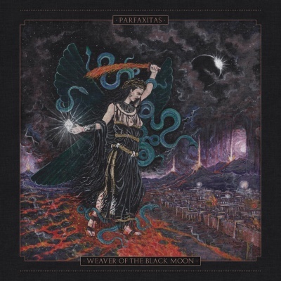 Capa de álbum com figura feminina alada, serpente azul, lava e textos PARFAXITAS e WEAVER OF THE BLACK MOON