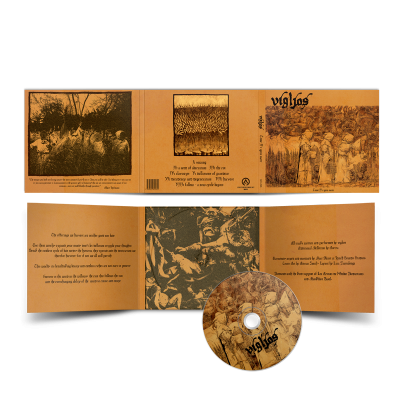 Álbum de música com capa castanha e CD com ilustrações e texto