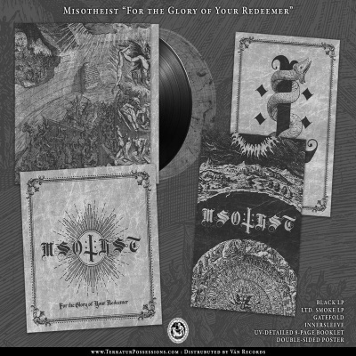 Conjunto de discos de vinil Misotheist com capa ilustrada em tons cinzentos e negros e textos visíveis