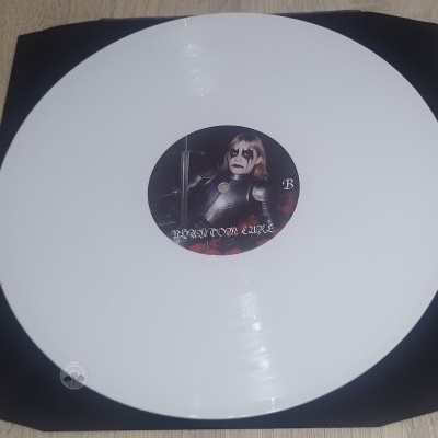 Vinil branco com etiqueta central com imagem e texto, sobre capa preta e madeira.