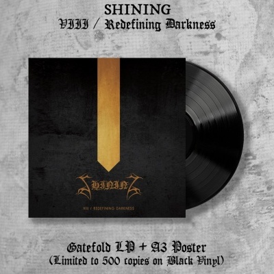 Disco de vinil preto com capa preta e dourada com texto 'SHINING VIII / REDEFINING DARKNESS'