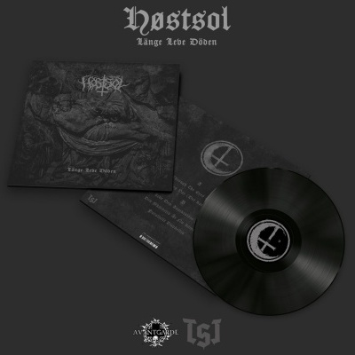 Disco de vinil preto com capa e encarte da banda Høstsol em fundo escuro